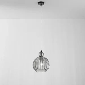 Hanglamp van geplooid rookspiegelglas en matzwart, metalen en aluminium frame, E27 fitting, D.32cm H.191cm – Perenz Hanglamp van geplooid rookspiegelglas en matzwart, metalen en aluminium frame, E27 fitting, D.32cm H.191cm – Perenz