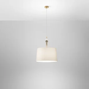 Hanglamp van geborsteld messing en veelkleurig keramiek met lampenkap van Havana-stof – Modern en elegant design, diameter 50 cm – Perenz Hanglamp van geborsteld messing en veelkleurig keramiek met lampenkap van Havana-stof – Modern en elegant design, diameter 50 cm – Perenz