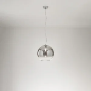 Hanglamp van getint, geblazen rookglas met gepolijst chroom en aluminium frame, E27 fitting, diameter 35 cm – Perenz