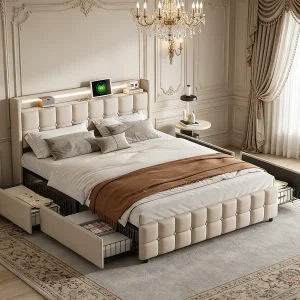 Gestoffeerd bed 140 x 200 cm – met ledstrip en oplaadfunctie – met 4 lades en lattenbodem – linnen – beige Gestoffeerd bed 140 x 200 cm – met ledstrip en oplaadfunctie – met 4 lades en lattenbodem – linnen – beige