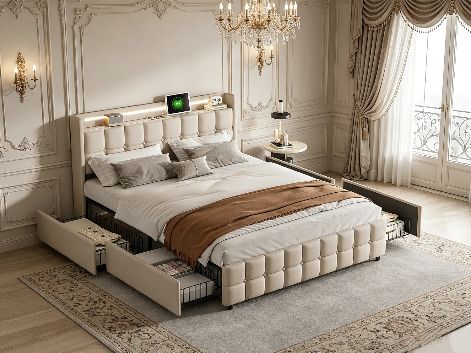 Gestoffeerd bed 140 x 200 cm – met ledstrip en oplaadfunctie – met 4 lades en lattenbodem – linnen – beige