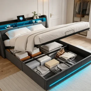 Gestoffeerd bed 140x190cm met hydraulisch opbergvak – LED-verlichting en USB-poort – linnen – grijs