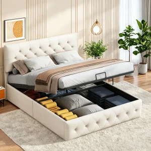 Gestoffeerd tweepersoonsbed, 140 x 200 cm, met zacht hoofdeinde, opbergruimte, voor tieners, lattenbodem, zonder matras, in fluweel