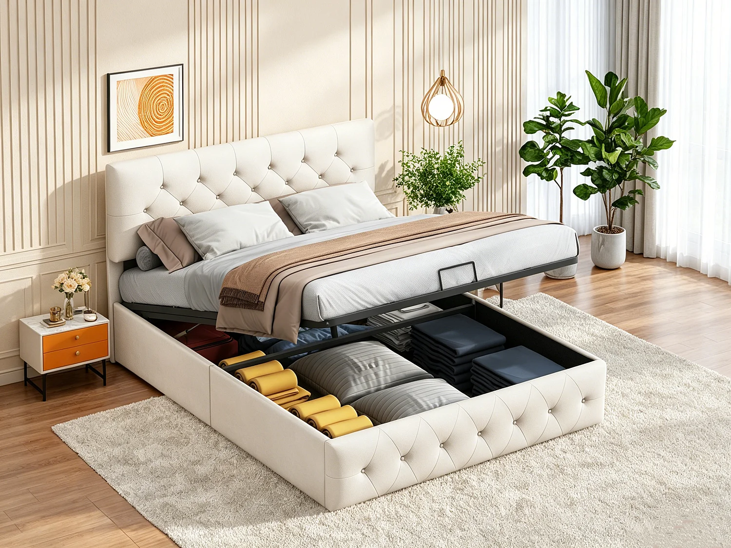 Gestoffeerd tweepersoonsbed, 140 x 200 cm, met zacht hoofdeinde, opbergruimte, voor tieners, lattenbodem, zonder matras, in fluweel