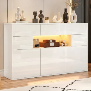 Glanzend buffet 140x30x94 cm – 3 laden en 5 deuren – met LED-verlichting – met 5 metalen poten – MDF – Wit Glanzend buffet 140x30x94 cm – 3 laden en 5 deuren – met LED-verlichting – met 5 metalen poten – MDF – Wit