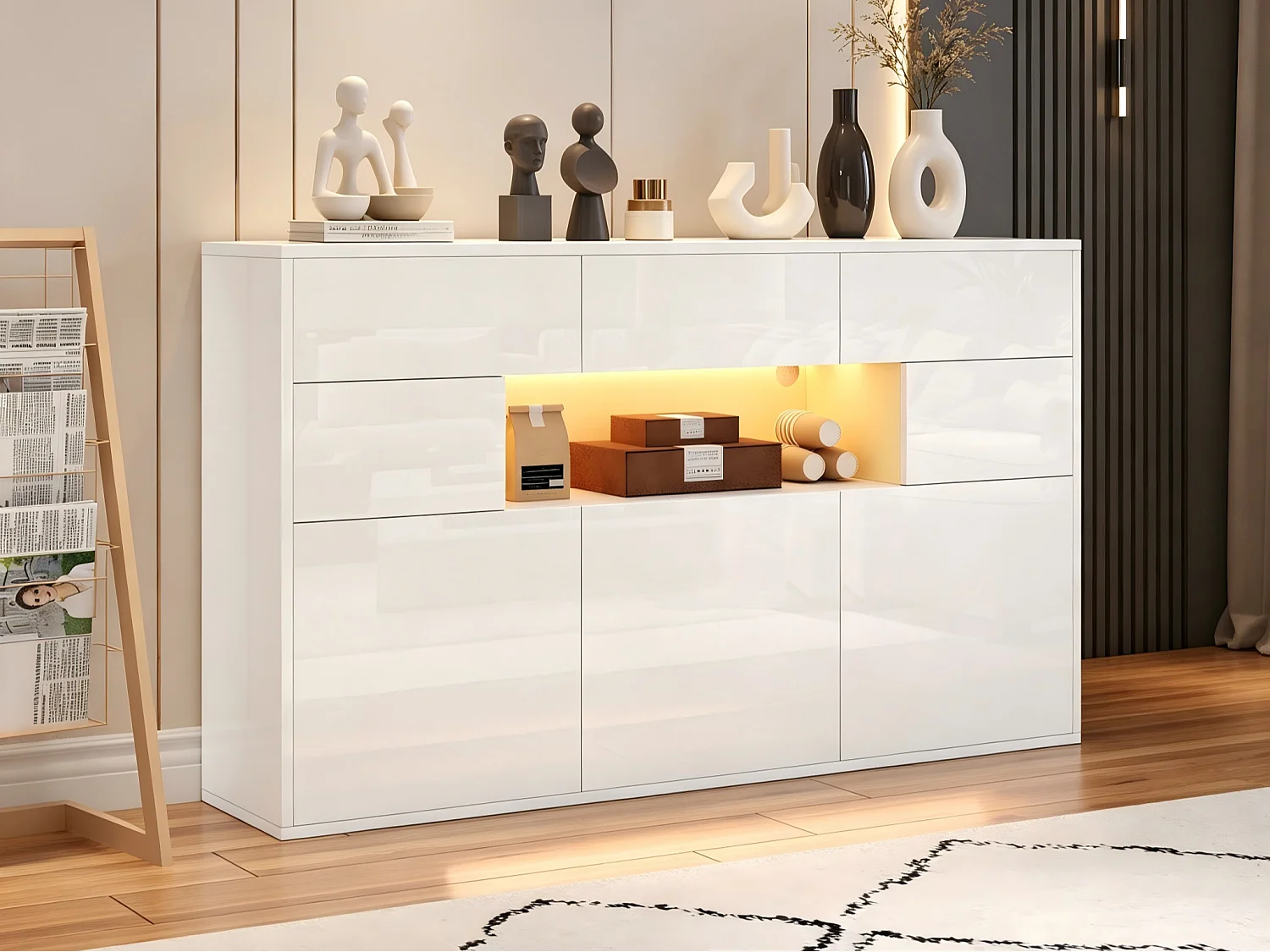 Glanzend buffet 140x30x94 cm - 3 laden en 5 deuren - met LED-verlichting - met 5 metalen poten - MDF - Wit