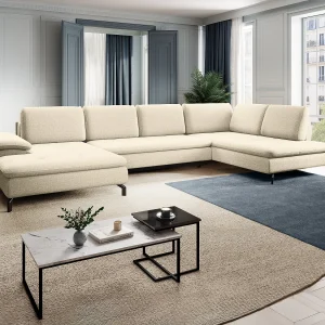 Grote panoramische hoekslaapbank met hoek links van beige stof met textuur ARCHIBALD Grote panoramische hoekslaapbank met hoek links van beige stof met textuur ARCHIBALD