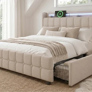 Gestoffeerd bed 140x200cm in linnen – met LED en USB oplaadpoorten – 2 lades – Beige Gestoffeerd bed 140x200cm in linnen – met LED en USB oplaadpoorten – 2 lades – Beige