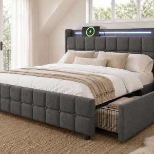 Gestoffeerd bed 140x200cm in linnen – met LED en USB oplaadpoorten – 2 lades – Grijs Gestoffeerd bed 140x200cm in linnen – met LED en USB oplaadpoorten – 2 lades – Grijs