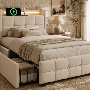 Gestoffeerd bed 90x200cm in linnen – met LED en USB oplaadpoorten – 2 lades – Beige