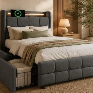 Gestoffeerd bed 90x200cm in linnen – met LED en USB oplaadpoorten – 2 lades – Grijs