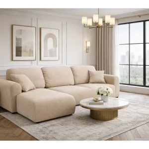 Hoekbank met slaapfunctie en opbergruimte, L-vormige bank Bingo L, velours Salvador, Beige, Links