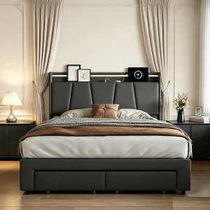Gevoerd 4-in-1 bed donkergrijs 140×200 cm met 2 lades, hydraulische opbergruimte, LED-verlichting en USB-oplader Gevoerd 4-in-1 bed donkergrijs 140×200 cm met 2 lades, hydraulische opbergruimte, LED-verlichting en USB-oplader