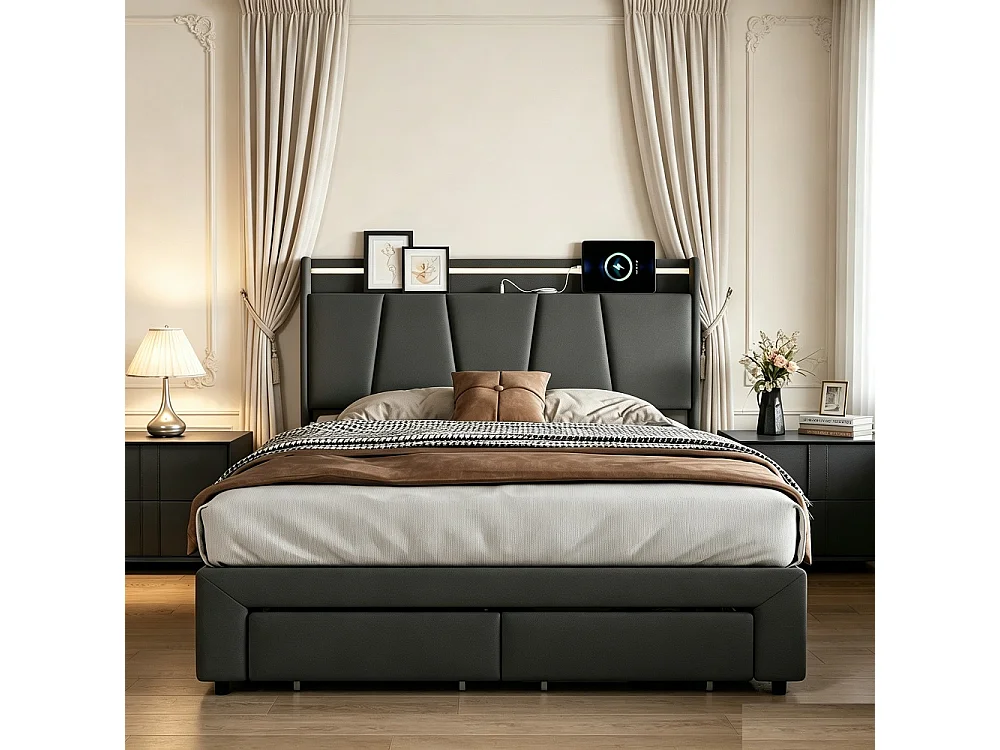 Gevoerd 4-in-1 bed donkergrijs 140x200 cm met 2 lades, hydraulische opbergruimte, LED-verlichting en USB-oplader