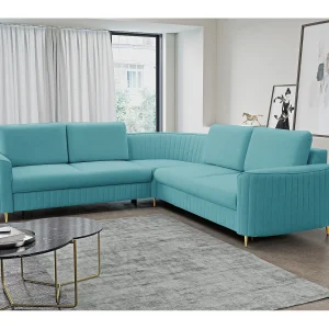 Hoekbank LAREN – Moderne slaapbank, opbergruimte, kunststof poten, rechterzijde, TURQUOISE, 251x251x85 cm