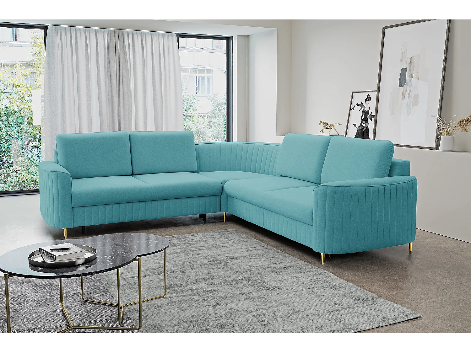 Hoekbank LAREN – Moderne slaapbank, opbergruimte, kunststof poten, rechterzijde, TURQUOISE, 251x251x85 cm