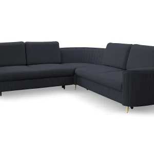 Hoekbank LAREN – Moderne slaapbank, opbergruimte, kunststof poten, linkerzijde, DONKERBLAUW, 251x251x85 cm