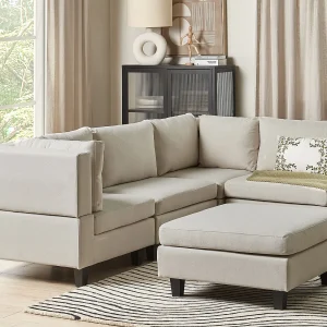 Modulaire hoekbank UNSTAD Stof Lichtbeige Met ottomaan 4-zitter Linkerzijde