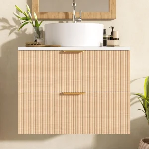 Hangend badkamermeubel – met een ronde keramieken wastafel – houtnerven look – met 2 lades – wit + Natuur (kraan niet inbegrepen) Hangend badkamermeubel – met een ronde keramieken wastafel – houtnerven look – met 2 lades – wit + Natuur (kraan niet inbegrepen)
