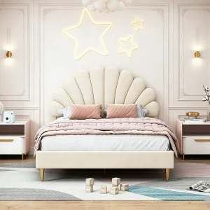 Gestoffeerd bed 140x200cm met lattenbodem, bed met lattenbodem, fluwelen gestoffeerd bed, tweepersoonsbed met bloemvormig hoofdeinde, beige Gestoffeerd bed 140x200cm met lattenbodem, bed met lattenbodem, fluwelen gestoffeerd bed, tweepersoonsbed met bloemvormig hoofdeinde, beige