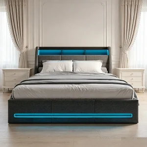 Gestoffeerd opbergbed 140×190 cm met LED-hoofdeinde en hydraulische lift – Linnen – Grijs Gestoffeerd opbergbed 140×190 cm met LED-hoofdeinde en hydraulische lift – Linnen – Grijs
