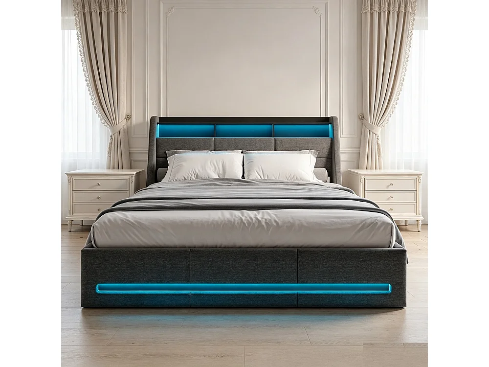 Gestoffeerd opbergbed 140x190 cm met LED-hoofdeinde en hydraulische lift - Linnen - Grijs