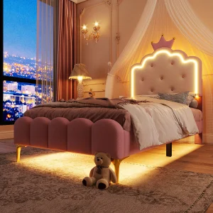 Gestoffeerd bed 90×200 cm roze in PU, met lattenbodem, sfeerverlichting op afstand en kroonvormig hoofdeinde
