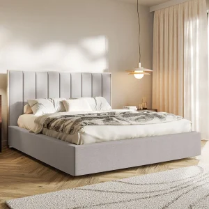 Gestoffeerd bed 160×200 – chenille en LED – grijsbeige – TOGENTS Gestoffeerd bed 160×200 – chenille en LED – grijsbeige – TOGENTS