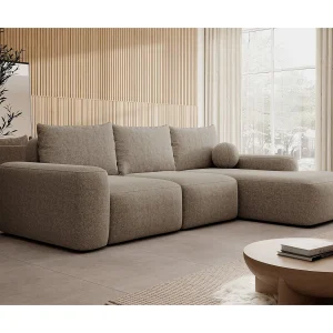 Hoekbank met slaapbank – lichtbruin chenille – rechterkant – CARNOS Hoekbank met slaapbank – lichtbruin chenille – rechterkant – CARNOS