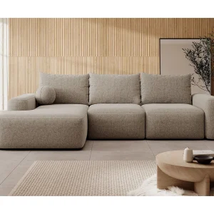 Hoekbank met slaapbank – lichtbruin chenille – linkerzijde – CARNOS Hoekbank met slaapbank – lichtbruin chenille – linkerzijde – CARNOS
