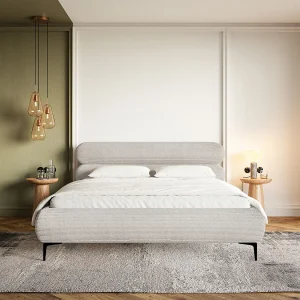 Gestoffeerd bed 140×200 – ribfluweel en goudkleurige poten – greige – ROULE CORD Gestoffeerd bed 140×200 – ribfluweel en goudkleurige poten – greige – ROULE CORD