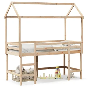 Halfhoogslaper met ladder en bedhuis grenenhout 90×190 cm