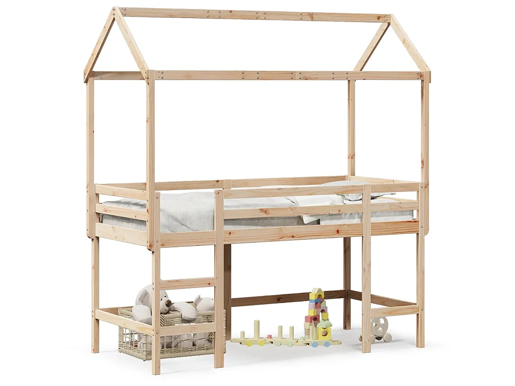 Halfhoogslaper met ladder en bedhuis grenenhout 90x190 cm