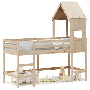 Halfhoogslaper met ladder en bedhuis grenenhout 90×190 cm
