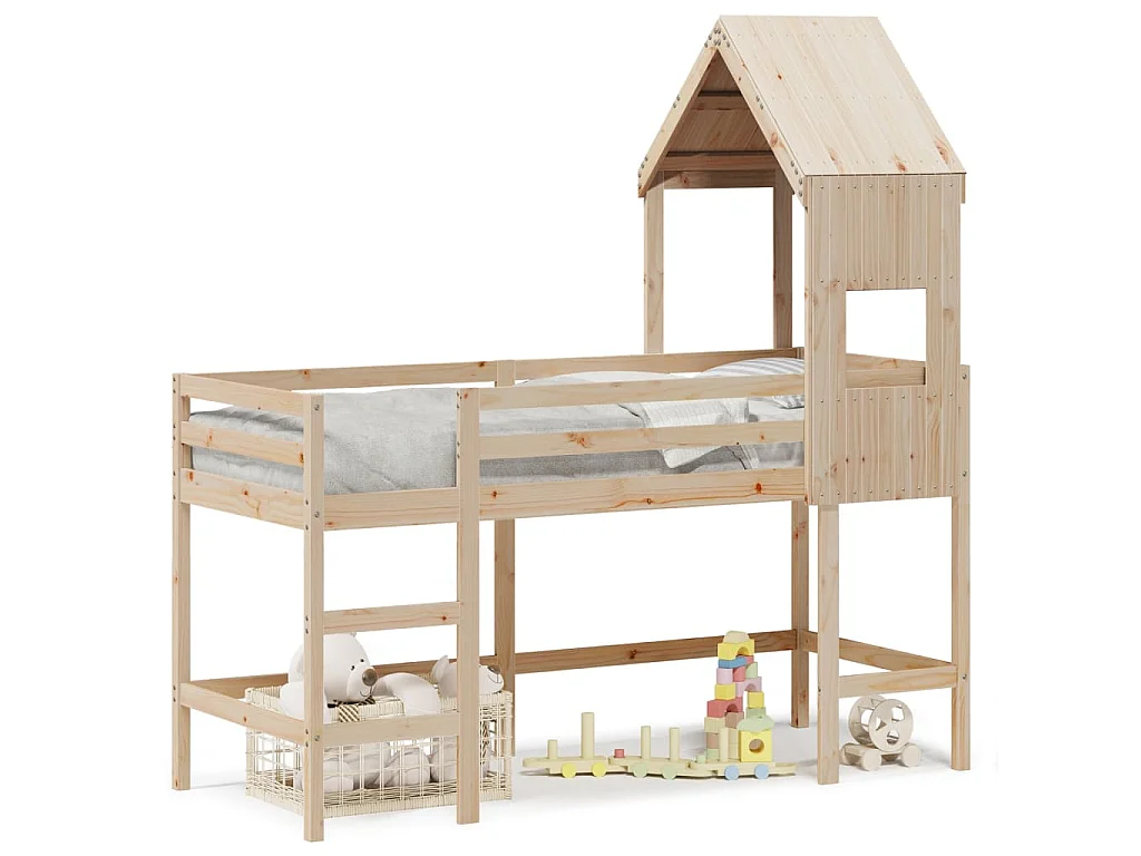 Halfhoogslaper met ladder en bedhuis grenenhout 90x190 cm