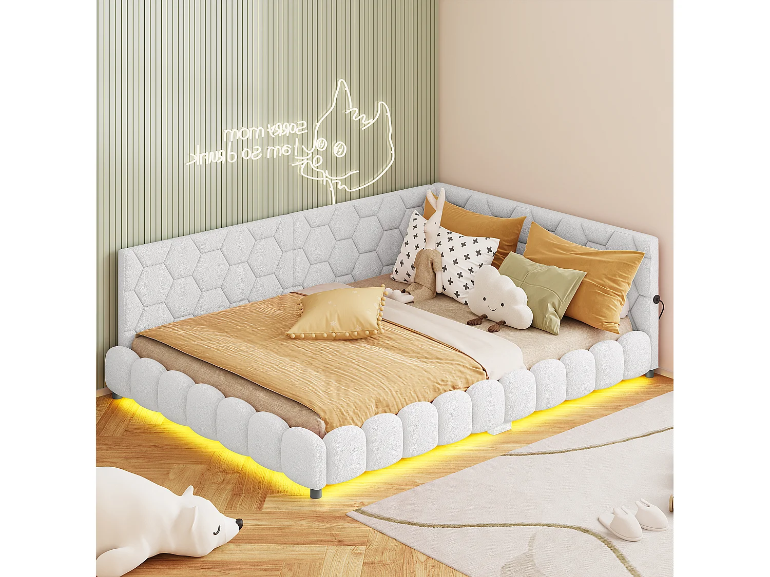 Gestoffeerde tweepersoons slaapbank 140 x 200 cm met ledverlichting en usb-aansluiting, bedframe met lattenbodem, wit