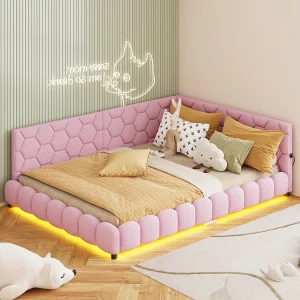 Gestoffeerde tweepersoons slaapbank 140 x 200 cm met ledverlichting en usb-aansluiting, bedframe met lattenbodem, roze Gestoffeerde tweepersoons slaapbank 140 x 200 cm met ledverlichting en usb-aansluiting, bedframe met lattenbodem, roze