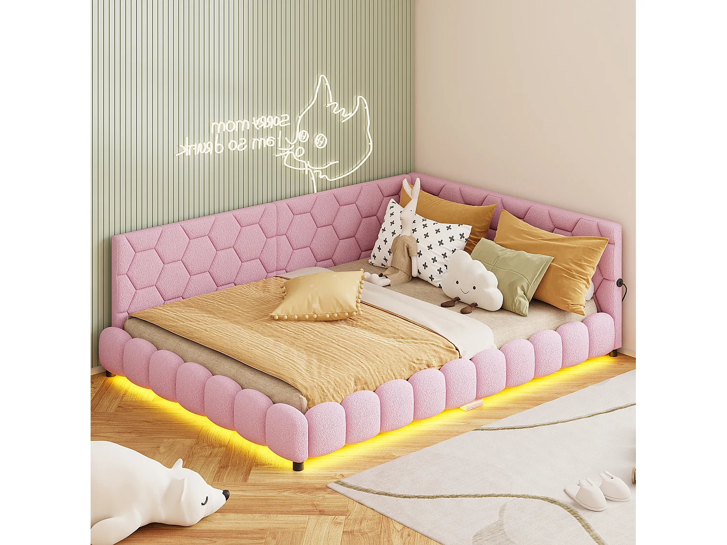 Gestoffeerde tweepersoons slaapbank 140 x 200 cm met ledverlichting en usb-aansluiting, bedframe met lattenbodem, roze