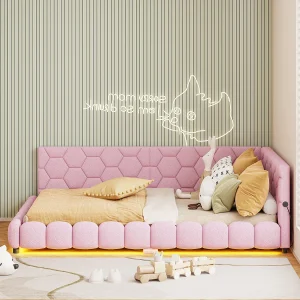 Gestoffeerd tweepersoonsbed 140×200 cm, met ledverlichting en usb-poort, gecapitonneerd bed met lattenbodem, roze Gestoffeerd tweepersoonsbed 140×200 cm, met ledverlichting en usb-poort, gecapitonneerd bed met lattenbodem, roze