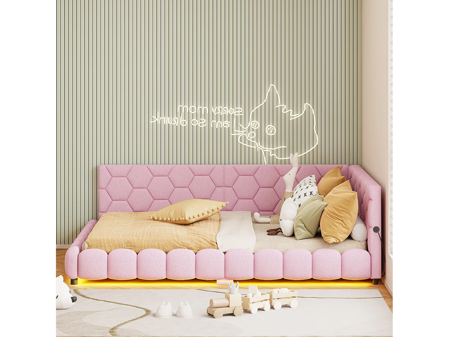 Gestoffeerd tweepersoonsbed 140x200 cm, met ledverlichting en usb-poort, gecapitonneerd bed met lattenbodem, roze