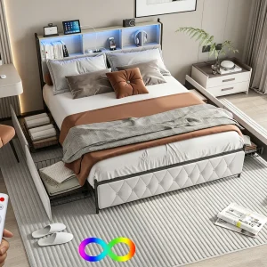 Gestoffeerd bed 160 x 200 cm – met ledstrip – bedframe met lades – met USB- en Type-C-poorten – tweepersoonsbed, fluweel – beige