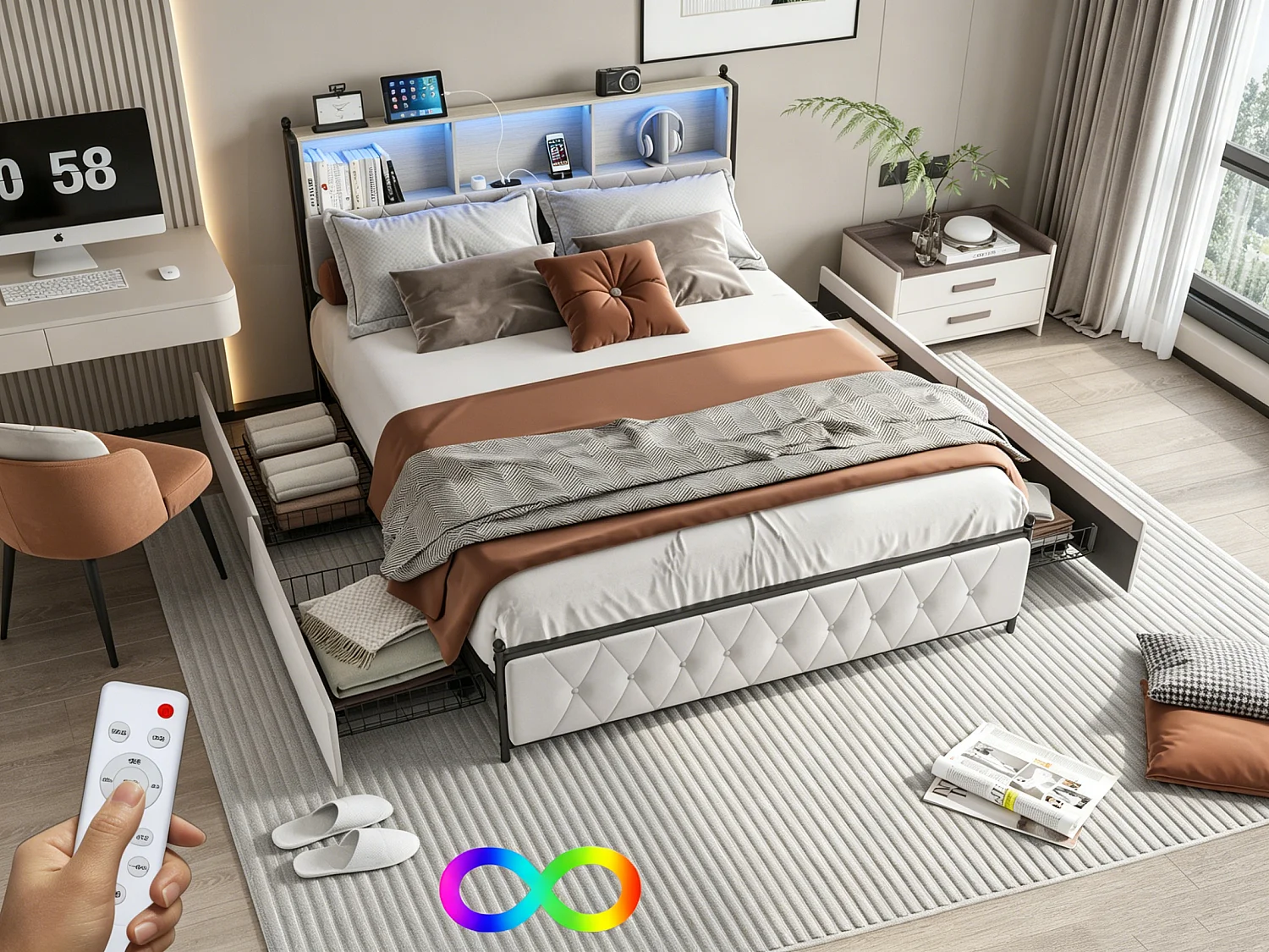Gestoffeerd bed 160 x 200 cm - met ledstrip - bedframe met lades - met USB- en Type-C-poorten - tweepersoonsbed, fluweel - beige