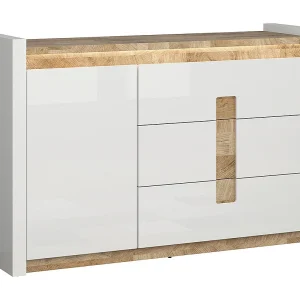Helios 1-deurs dressoir met 3 laden en LED, wit gelakt en hout