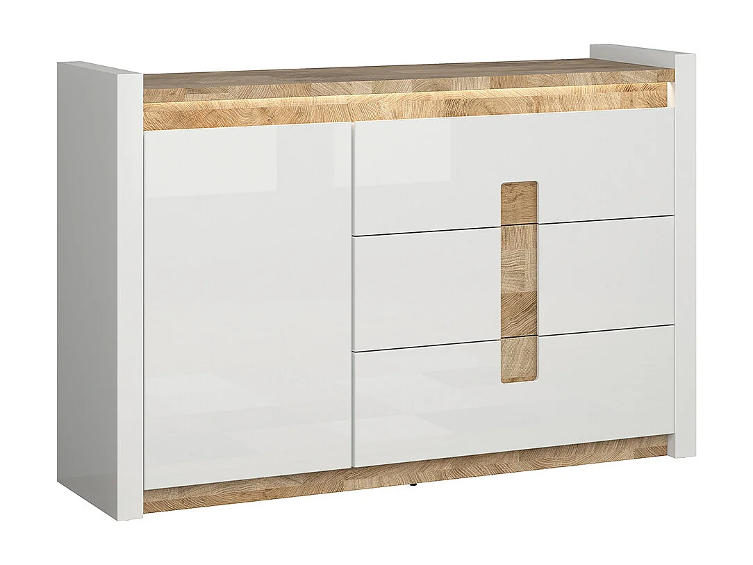 Helios 1-deurs dressoir met 3 laden en LED, wit gelakt en hout